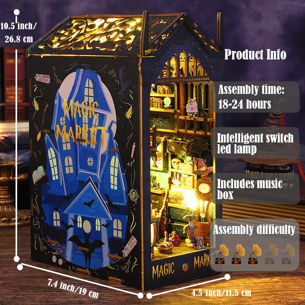 DIY Book Nook Kit, DIY Dollhouse Booknook, Library Booknook 3D Wooden Puzzle Bookends, Book Nook Miniature Kits with LED Light for Adults(JTSL-09)