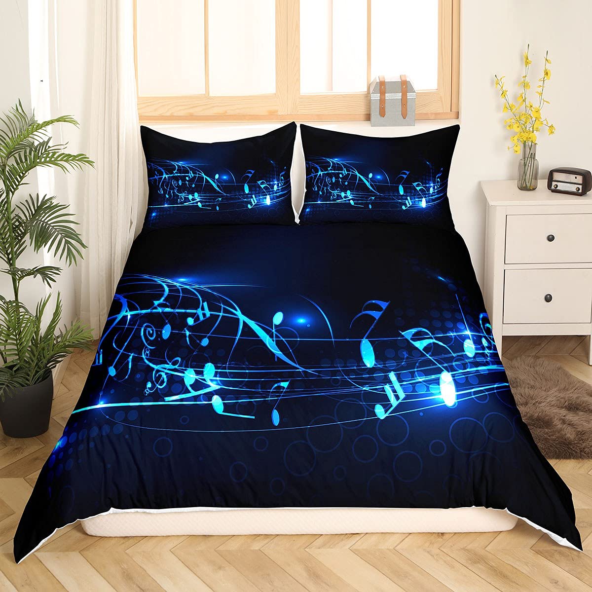 Loussiesd Music Note Duvet Cover Double Size Dream Theme Blue for Teen Boys Kids Girls Geometric Stripe Pattern Bedding Set,1 Duvet Cover with 2 Pillow Cases