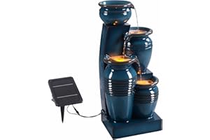 Teamson Home 28.74 in. 4-Tier Cascading Bowl Solar-Powered Water Fountain with LED Lights for Gardens, Landscaping, Patios, Balconies, Lawns, Blue