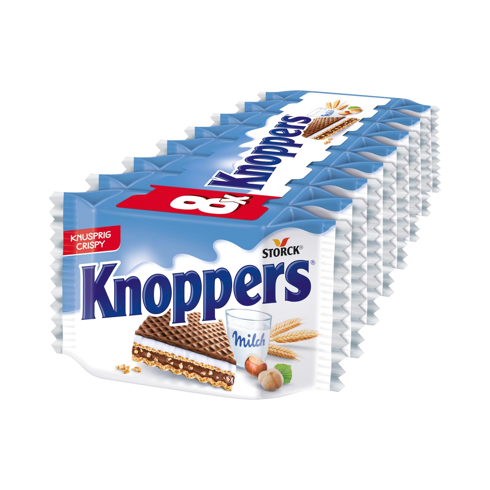 Knoppers – 8 x 25 g – Gefüllte Waffelschnitten mit Milch- und Nougatcreme, Haselnüssen und Kakao