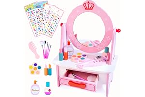 KIZFARM Wooden Vanity Set for Kids, Pretend Play Toddler Makeup Vanity Table Toys with 360° Rotatable Mirror, Beauty Salon Set Includes Makeup Accessories & Bonus Stickers, Little Girls Gift Age 3+
