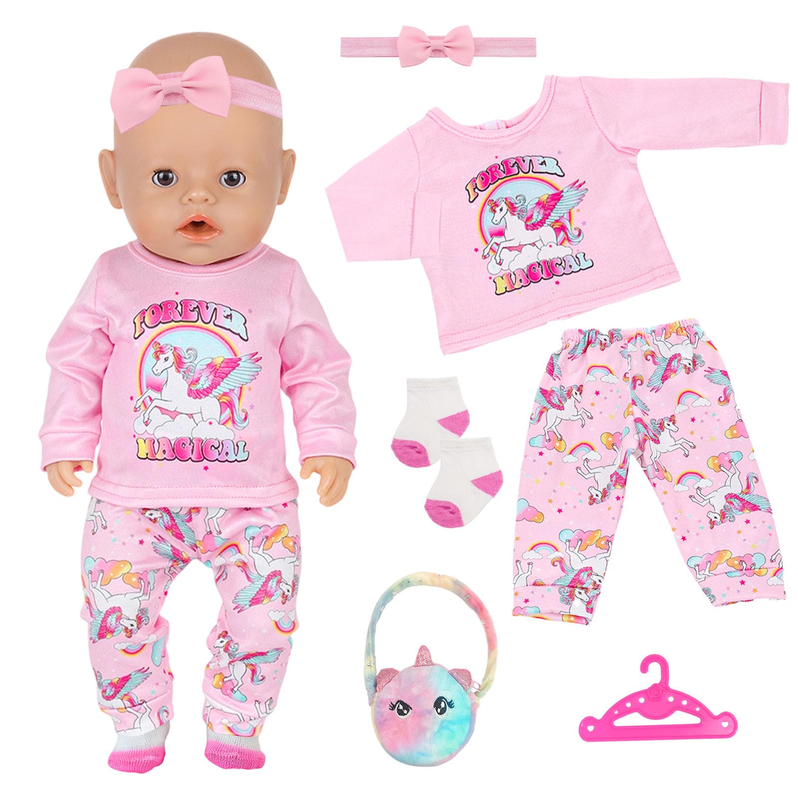 Baby Doll Clothes for 12-18 Inch Doll, 6 Pcs Pink Pony Baby Doll Accessories with Top Trousers Hairband Hanger Socks Bag for 35-45cm New Doll Clothes, Sweet Doll Clothe Girls Birthday Gift