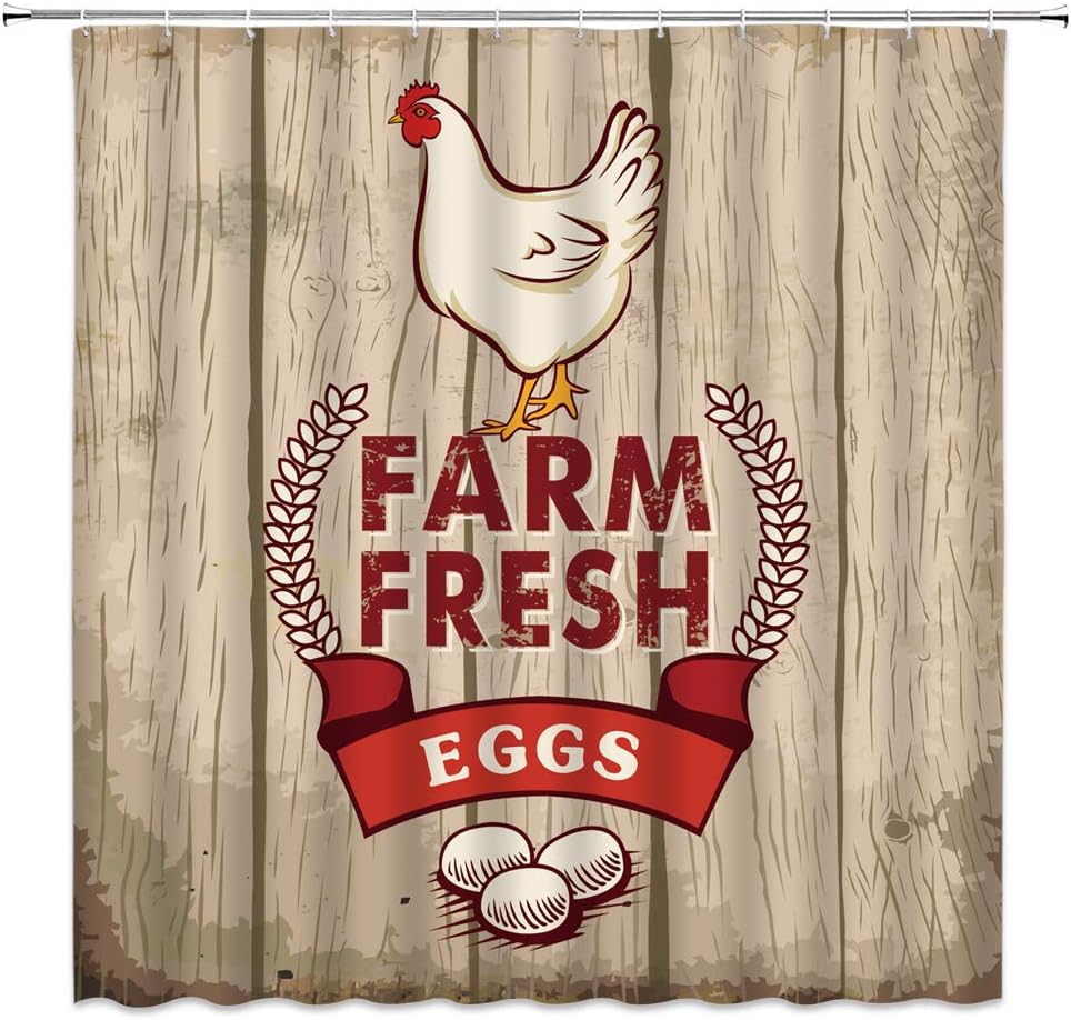 Chicken Shower Curtain Farm Fresh Hen Eggs Rustic Wooden Board Poultry Breeding Cute Country Farmhouse Print Fabric Bathroom Decor,Hooks Included,71 X 71 Inches,Red Beige
