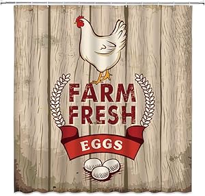Chicken Shower Curtain Farm Fresh Hen Eggs Rustic Wooden Board Poultry Breeding Cute Country Farmhouse Print Fabric Bathroom Decor,Hooks Included,71 X 71 Inches,Red Beige