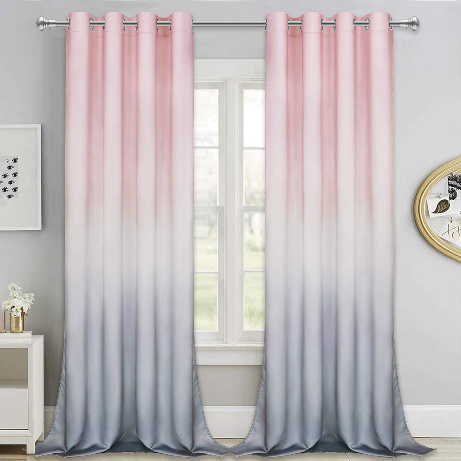 ASPMIZ Ombre Gradient Window Curtains, Pink to Grey 2 Tone Curtain Panel, Window Drapes with Grommets for Bedroom Living Room Decor, Set of 2 Panels, 52 x 84 Inch Length