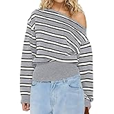 Cioatin Women One Off Shoulder Striped Crop Sweater Asymmetric Long Sleeve Loose Pullover Y2K Cute Knitwear Tops Fall Outfits