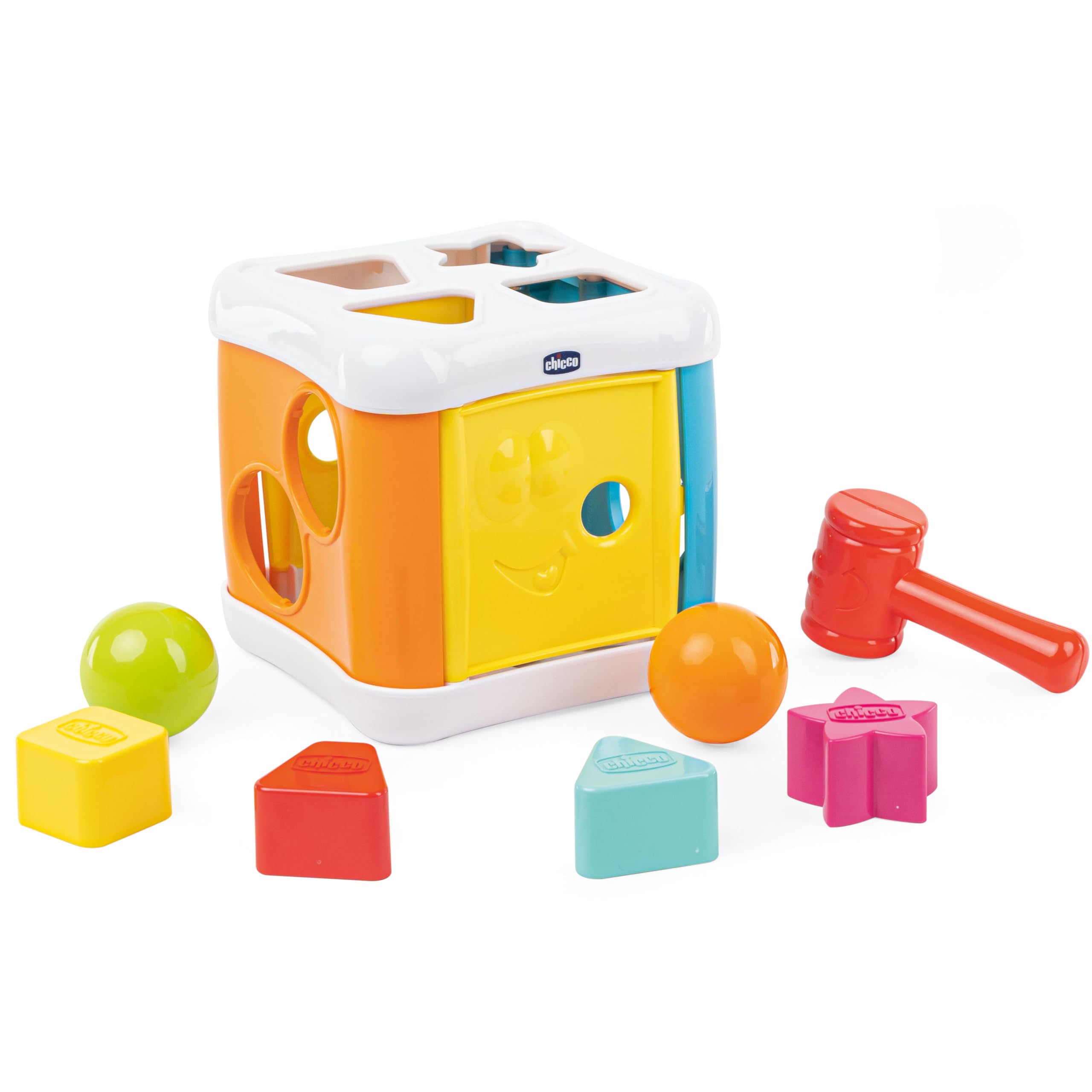 Chicco 2 in 1 Cube and Hammer Shapes for Children with 4 Geometric Shapes, 2 Balls and Hammer Toy, Multiactivity Cube - Educational Games 10 Months - 3 Years