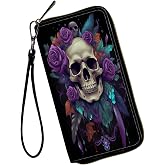 WZCJDHMJ Women Wallets,Large Capacity Clutch Purse for Women Ladie Men Wallet Clearance Credit Card Holder PU Leather Handbag Clutch Purse,Purple Roses and Skulls