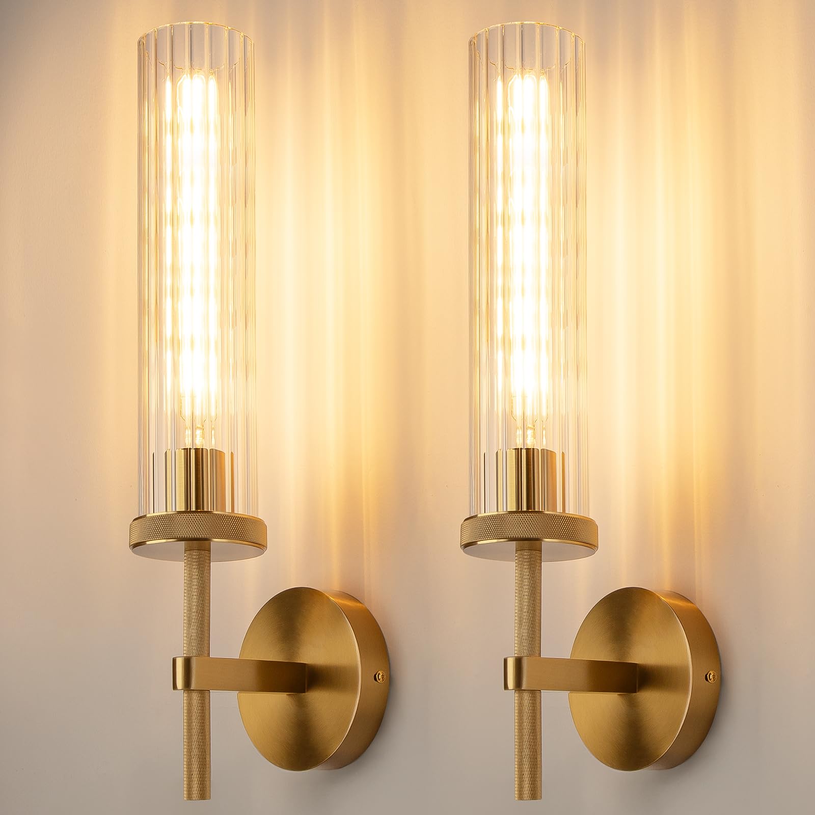 Photo 1 of 19.5" Knurled Gold Hardwired Wall Sconces Set of 2, Bathroom Vanity Light Fixtures with Vertical Striped Glass Tube, Modern Lamp Lighting for Bedroom, Living Room, Hallway, Staircase, Mirror, Kitchen