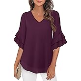VALOLIA Womens Blouses 3/4 Sleeve Dressy Tops Business Casual Double Layers Shirts