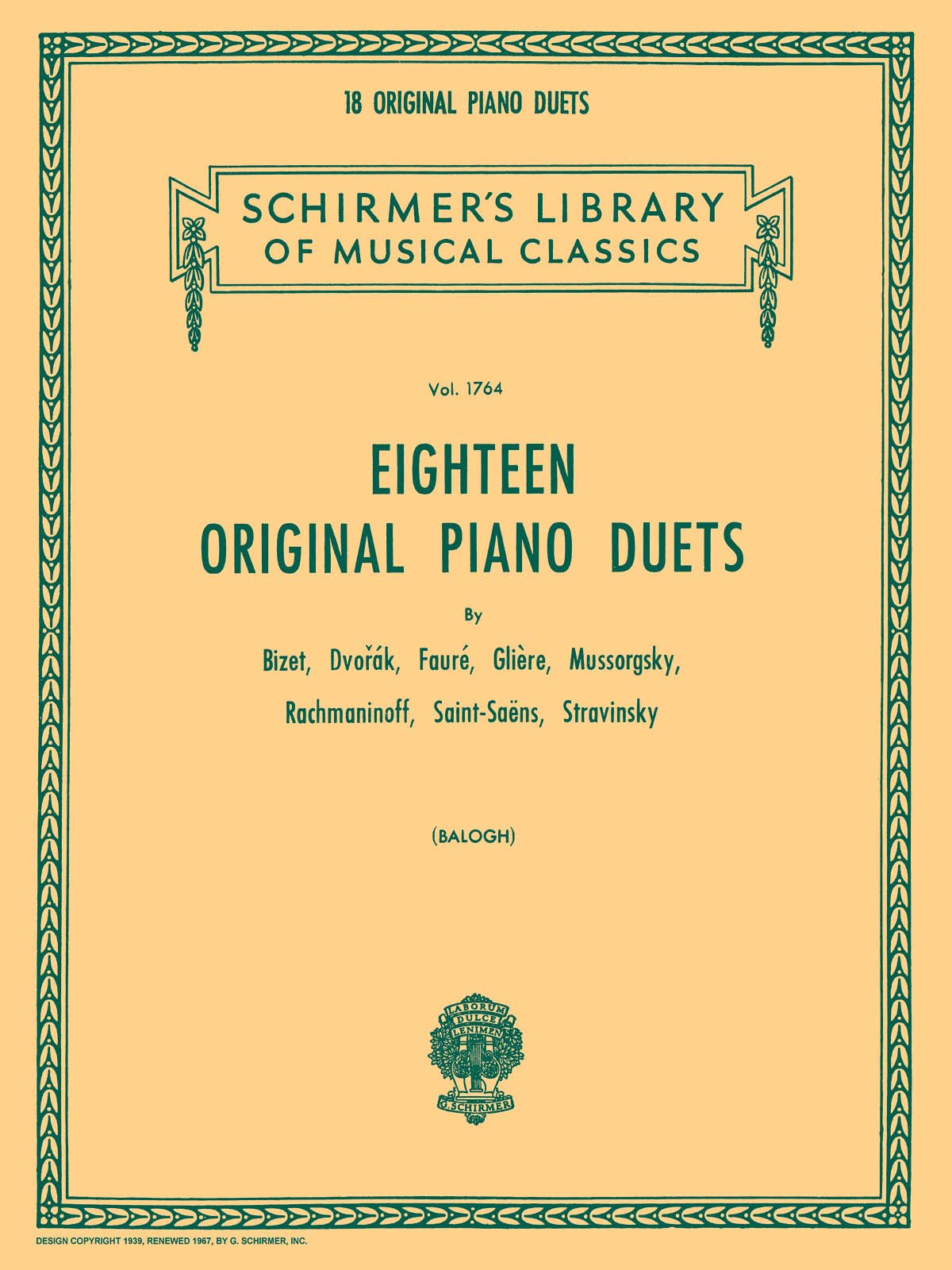 Eighteen Original Piano Duets: By Bizet, Dvorak, Faure, Gliere, Mussorgsky, Rachmaninoff, Saint-Saens, Stravinsky (Schirmer's Library of Musical Classics, 1764)