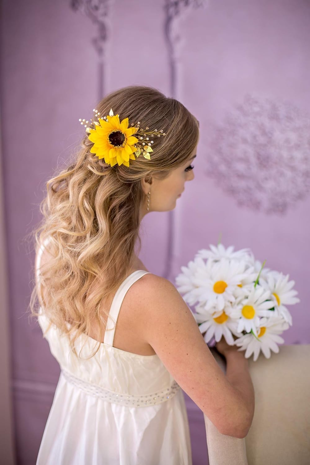 Flower Hair Piece Sunflower Hair Comb Bridal Half Flower Crown On Comb Sunflower Lavender Comb Rustic Bridal Half Crown Decorative Combs Hair Accessories