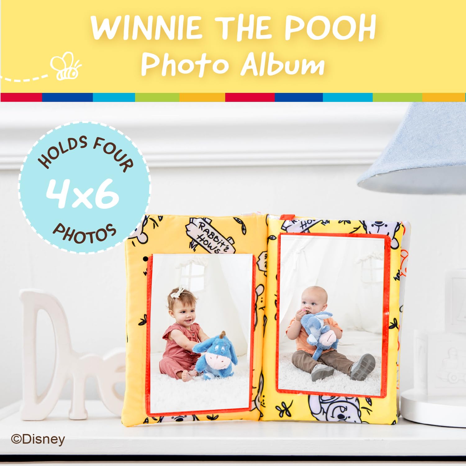 Disney Winnie The Pooh Photo Album with Soft Pages and Crinkle Sounds for Babies and Toddlers – Holds 4x6 Photos and On The Go Strap for Stroller, Car Seat or Crib for Baby