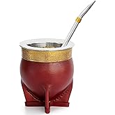 Cuopru Premium Argentina Imperial Yerba Mate Cup with Bombilla Mate (Straw) Set, Baroque Style, Leather Gourd, 304 Stainless Steel Inner (Brown)
