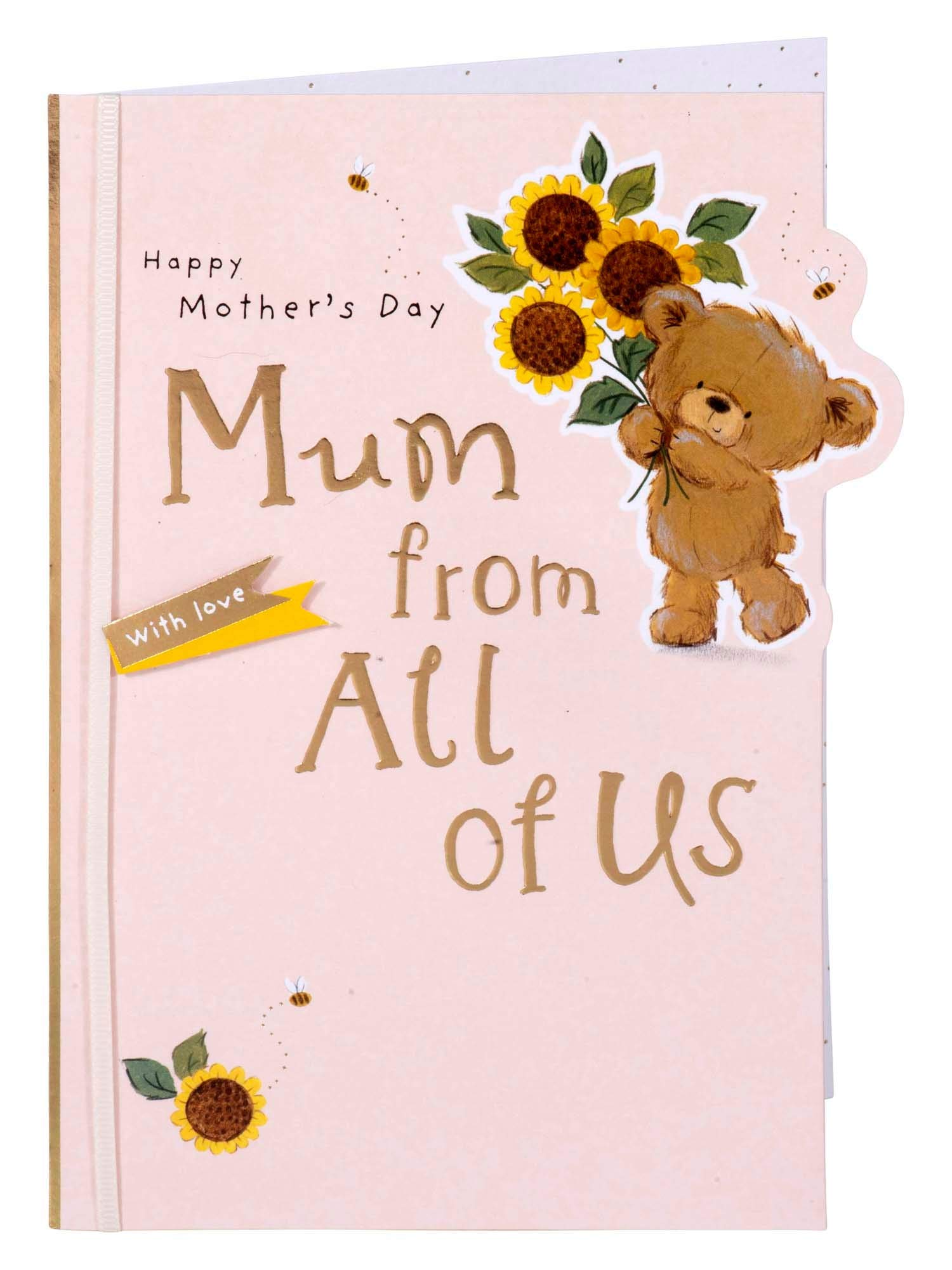 Clintons: Teddy with Sunflowers From all of us Mother's Day Card, Mum from all of us on Mothers Day Cards, 149x195mm, multi-color