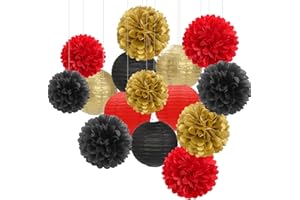 Red-Black Gold Party-Decorations Paper Flowers Lanterns - 15PCS Casino Theme Halloween Tissue Pom Poms Streamers,Game Night Women Men Birthday Wedding Bachelorette Hanging Supplies Decor Hugfond