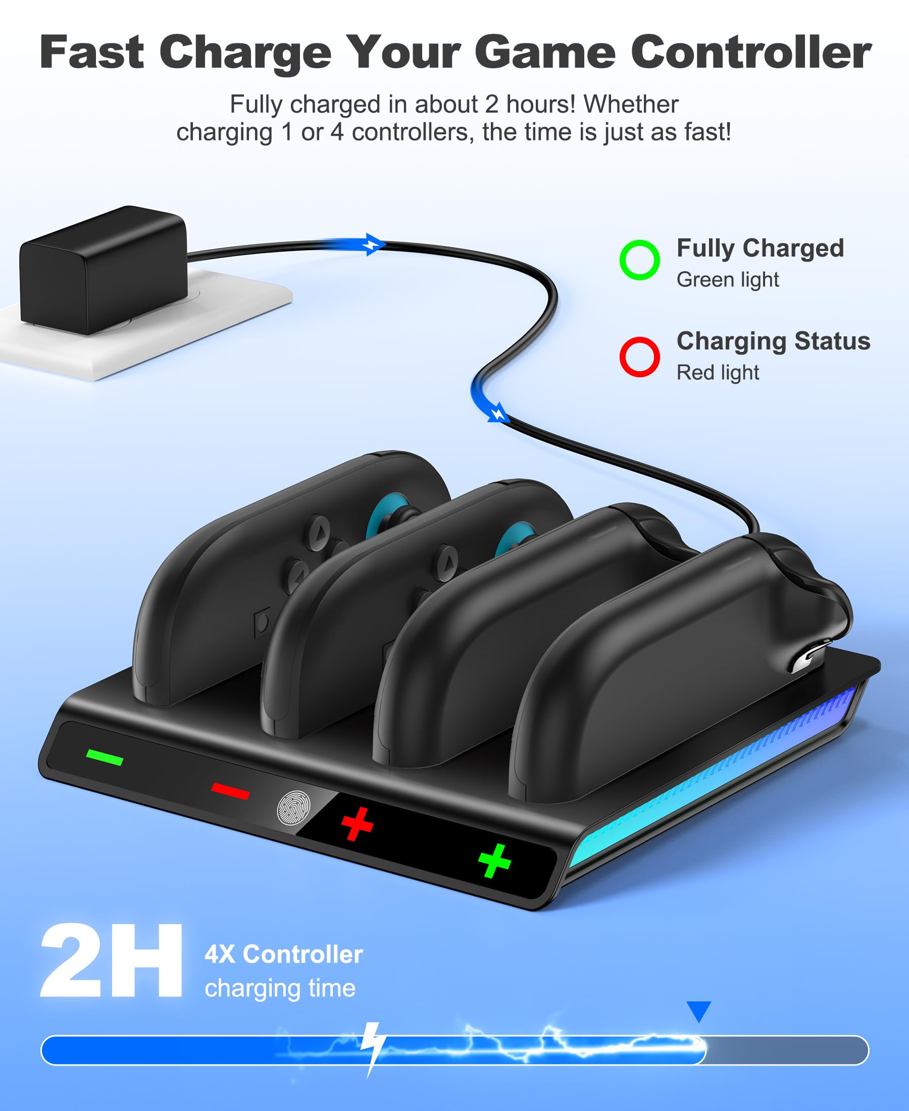 HELLCOOL Ladestation kompatibel mit 2025 Nintendo Switch 2 Joy Con, 2.5Std Schnelles Ladestation mit LED Ladeanzeige/Cooles RGB Licht, Halterung für Nintendo Switch 2 Joy Con 2