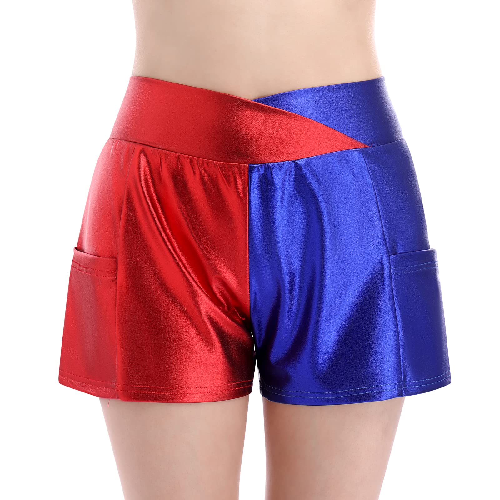 IMEKIS Women's Metallic Rave Shorts Shiny Hot Pants Color Block Disco Dance Bottoms Halloween Cosplay Clubwear Costumes