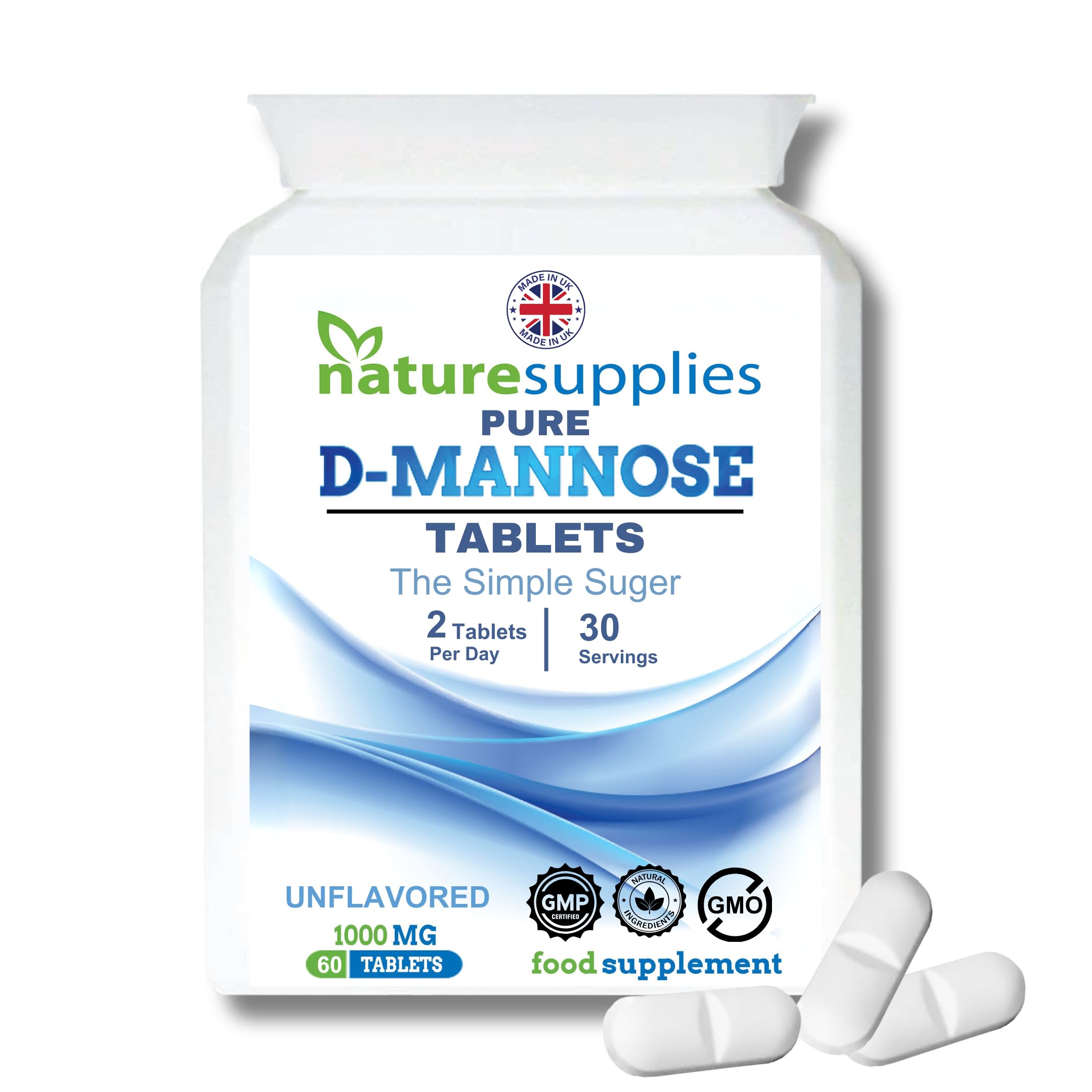 D Mannose Tablets 1000mg - 60 Pack Dmannose Tablets - Coated Tablet, Easy to Swallow - Vegan Friendly D-Mannose - Manufactured in A GMP Facility by Natursupplies