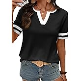 SHEWIN Women's Summer Tops V Neck Short Sleeve T-Shirts Colorblock Casual Tees 2026 Clothes