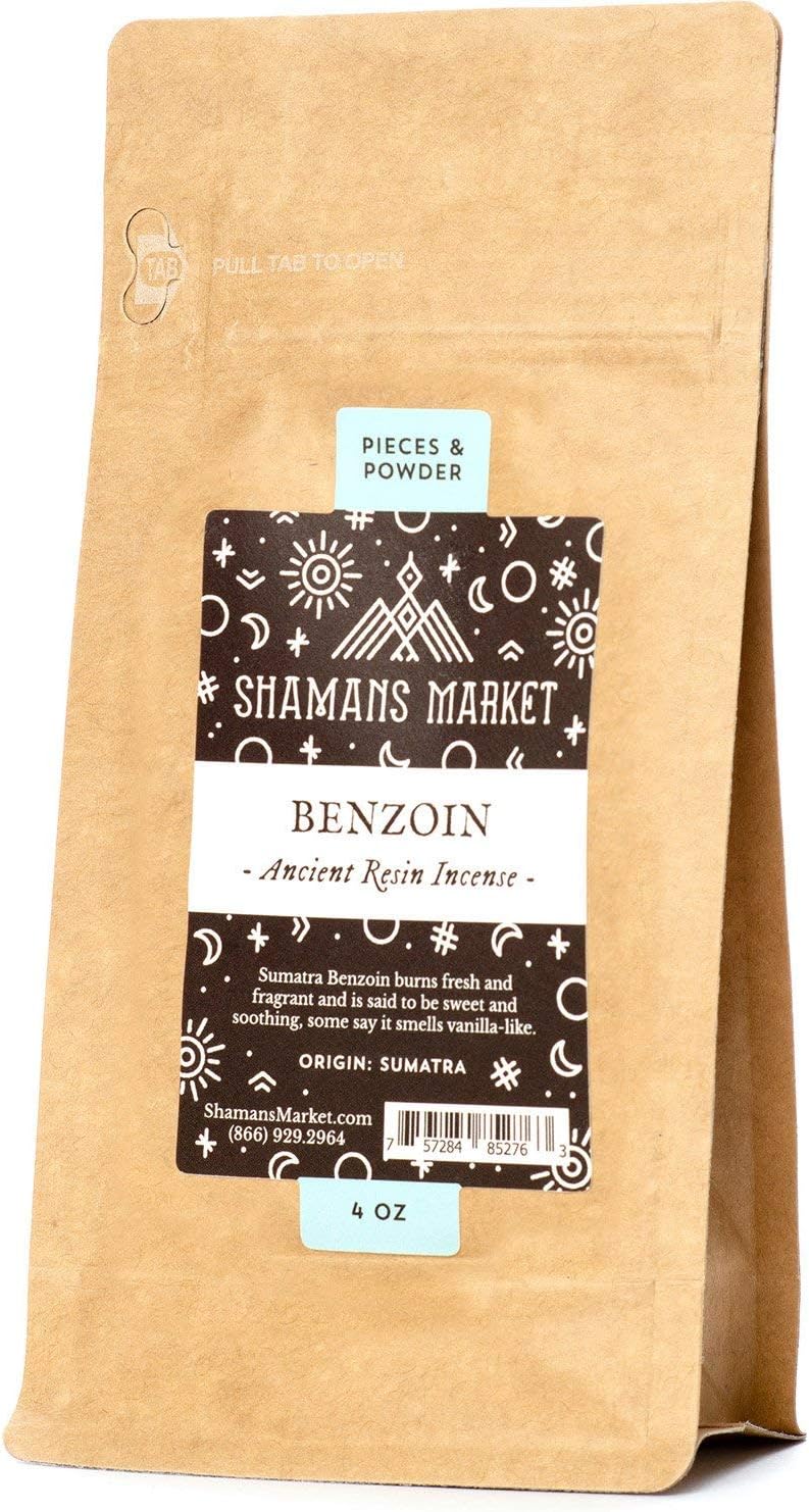 Shamans Market Benzoin of Sumatra Incense - 4 oz | All Natural Tree Gum Incense | Fresh and Fragrant Smooth Balsam | Benzoin for Cleansing Ritual Spiritual Aromatic Incense | Pieces and Powder