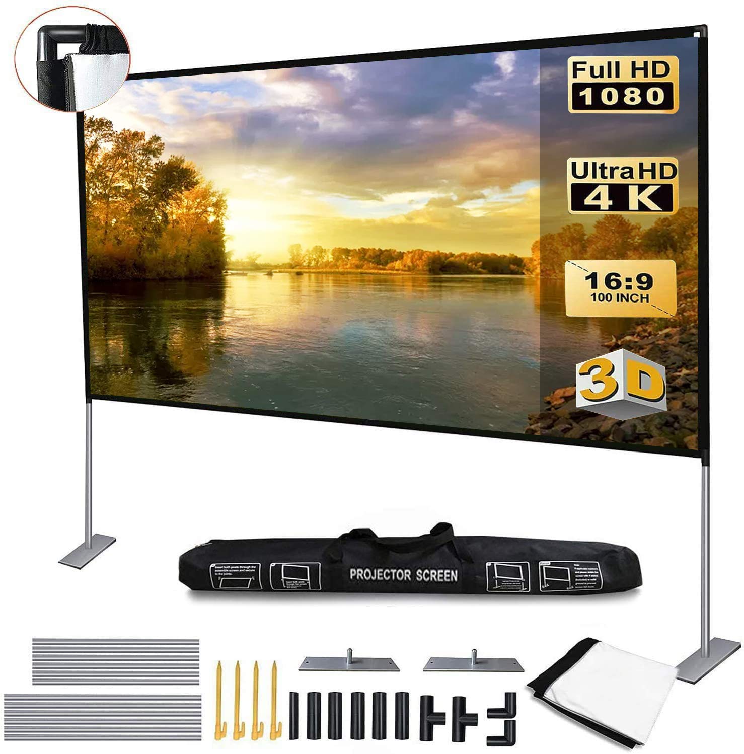 OWill Projector Screen with Stand 100 inch Portable Projection Screen 16:9 for Indoor Outdoor Home Theater Backyard Cinema Trave (Green)