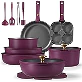 CAROTE 21pcs Pots and Pans Set, Nonstick Cookware Set Detachable Handle, Induction Kitchen Cookware Sets Non Stick with Removable Handle, RV Cookware Set, Gold and Purple