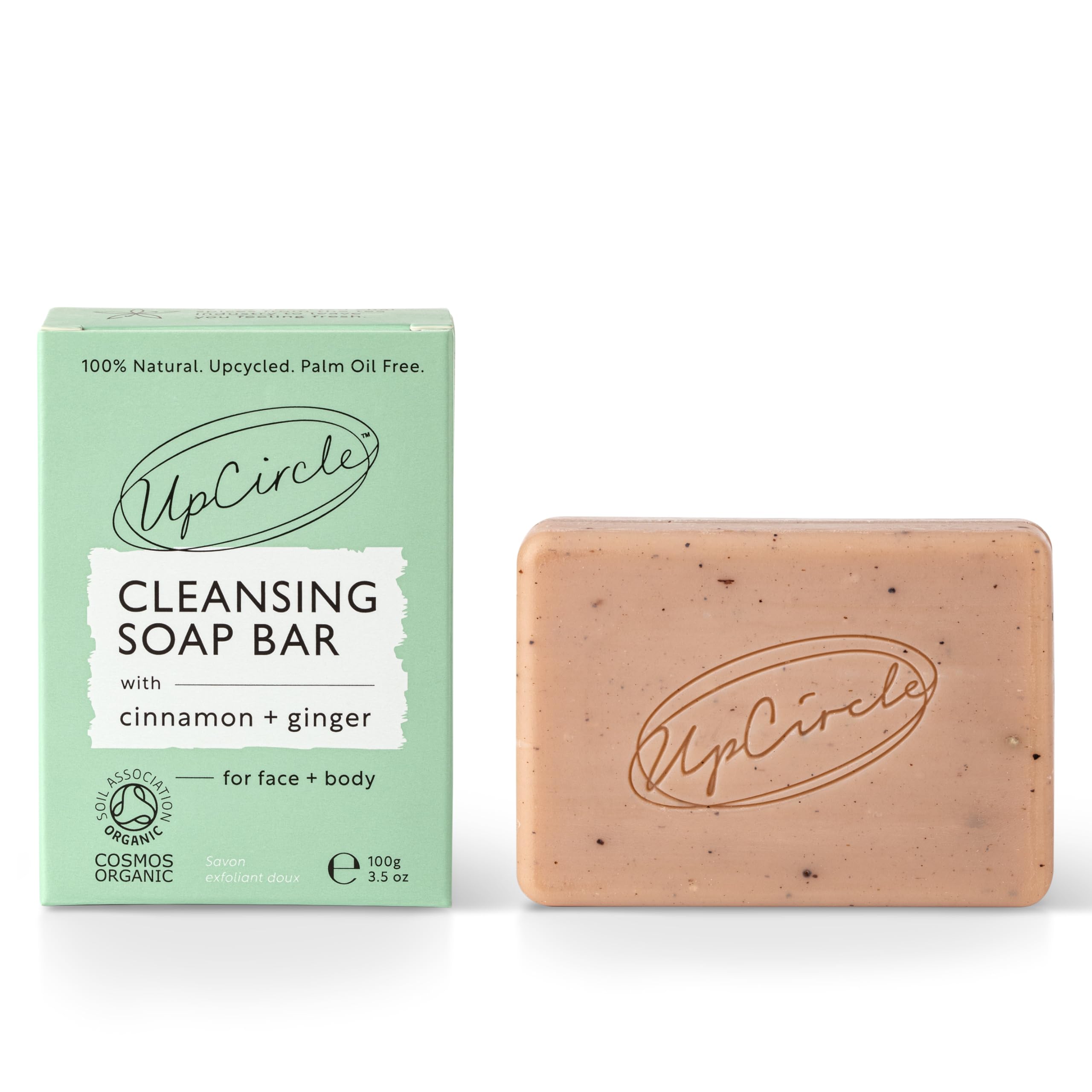 UpCircle Cinnamon + Ginger Chai Soap Bar 100g - Certified Organic Vegan Cleanser For Face And Body - French Pink Clay + Glycerin Reducing Redness + Irritation - Natural, Cruelty-Free + Palm Oil Free