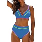 popvil High Waisted Bikini Sets for Women Tummy Control Swimsuits Neon Two Piece V Neck Drawstring Bathing Suits 2026