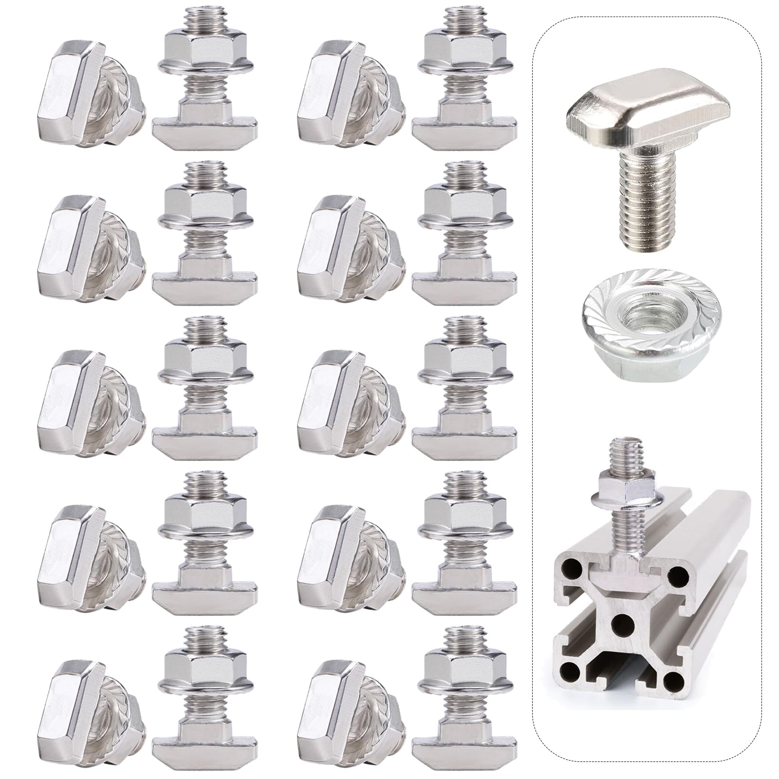 20 Sets T Bolt Kit, Hammer Head T-Bolt set, Contains T-shaped stud and M5 Flange Nut, Applies to 20 Series European Standard Aluminum Profile (20 Series M5)