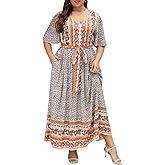 Nemidor Plus Size Women Summer Maxi Dress Floral Print Short Sleeve V Neck Casual Boho Long Dresses with Pocket