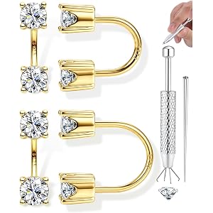 Kakonia S925 Sterling Silver Double Half Huggie Earrings for Women | 14K Gold Plated Backless U Shaped Horseshoe Hoops, Heart