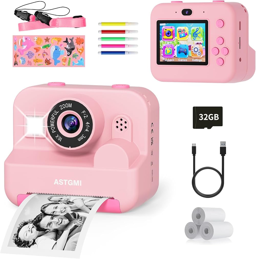 ASTGMI Kids Instant Print Selfie Camera 1080P Dual Lens 32GB Pink