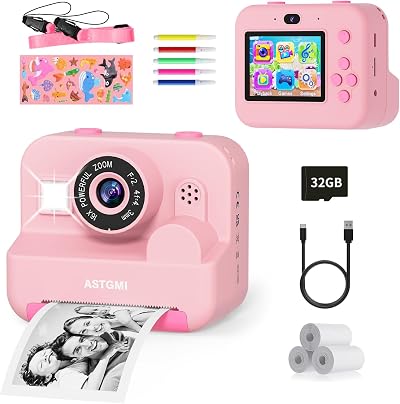 ASTGMI Kids Instant Print Selfie Camera 1080P Dual Lens 32GB Pink
