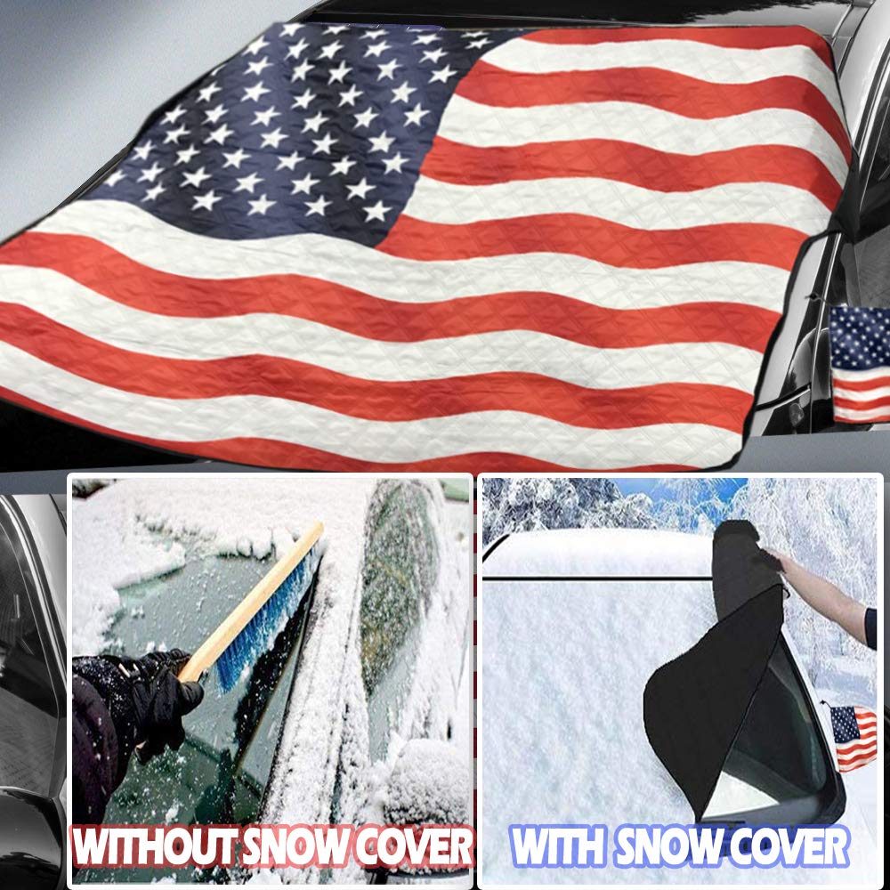 Big Hippo Windshield Snow Cover, American Flag Windshield Cover and Mirror Covers for Storage Ice Protector Windproof Car Cover in All Weather, Fit for Cars, Trucks, SUV, Vans Vehicle