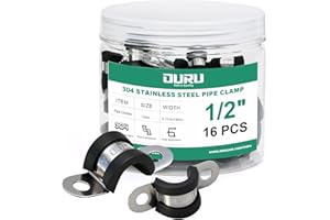 OURU 16pcs 1/2 Inch Pipe Clamp 304 Stainless Steel, Heavy Duty Rubber Cushioned Insulated Pipe Strap, U Bracket Clamp Conduit Clamp for Automotive, Wire & Tube