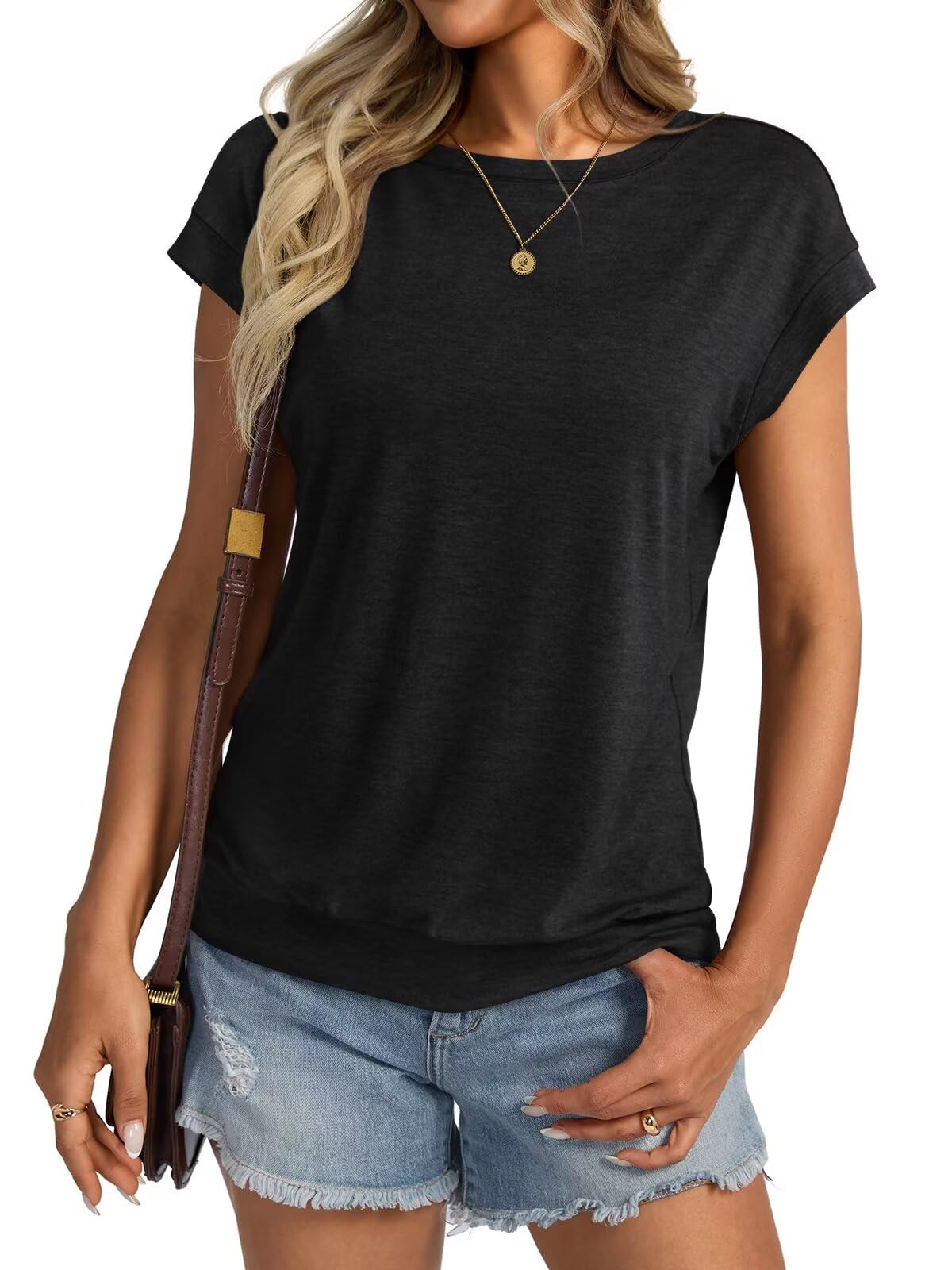 Photo 1 of Size XL.   Micticsi Womens Crewneck Cap Sleeve T Shirts Banded Bottom Top Loose Fit Short Sleeves Tee Casual Summer Basic Tops 2025 Black