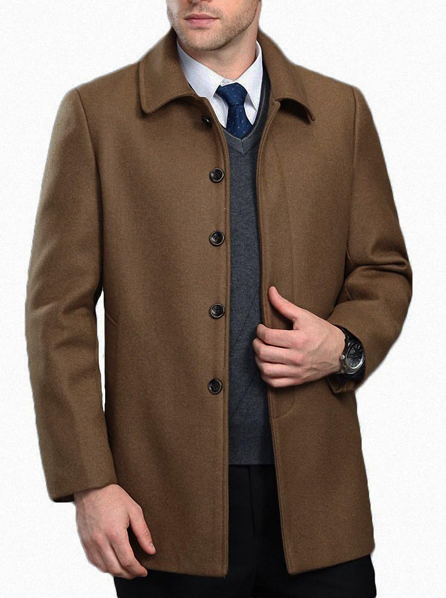FASHINTY Men's Classical Bussiness Style Single Breasted Plaid Wool Coat #00220 Camel US-S