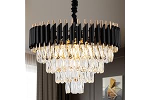 lighceac 20.5" 7-Light Modern Crystal Chandelier Light Fixtures 4-Tier Black Gold Luxury Chandeliers for Dining Room Round Hanging Pendant Lighting for Living Room Kitchen Entryway Bedroom Hallway