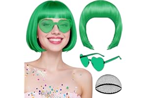MEEZY Green Short Bob Wigs Straight Hair with Flat Bangs Heart Shape Sunglasses for Women, Colorful Funny Cosplay Party Neon Wig Synthetic Natural As Real Carnival Halloween Costume Party Favors