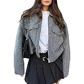 Wyeysyt Wool Coats for Women Lapel Zip Up Copped Bomber Jacket Outerwear with Pockets 2025