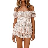 Fixmatti Women Boho Romper Off Shoulder Ruffle Chiffon Shorts Jumpsuit Playsuits