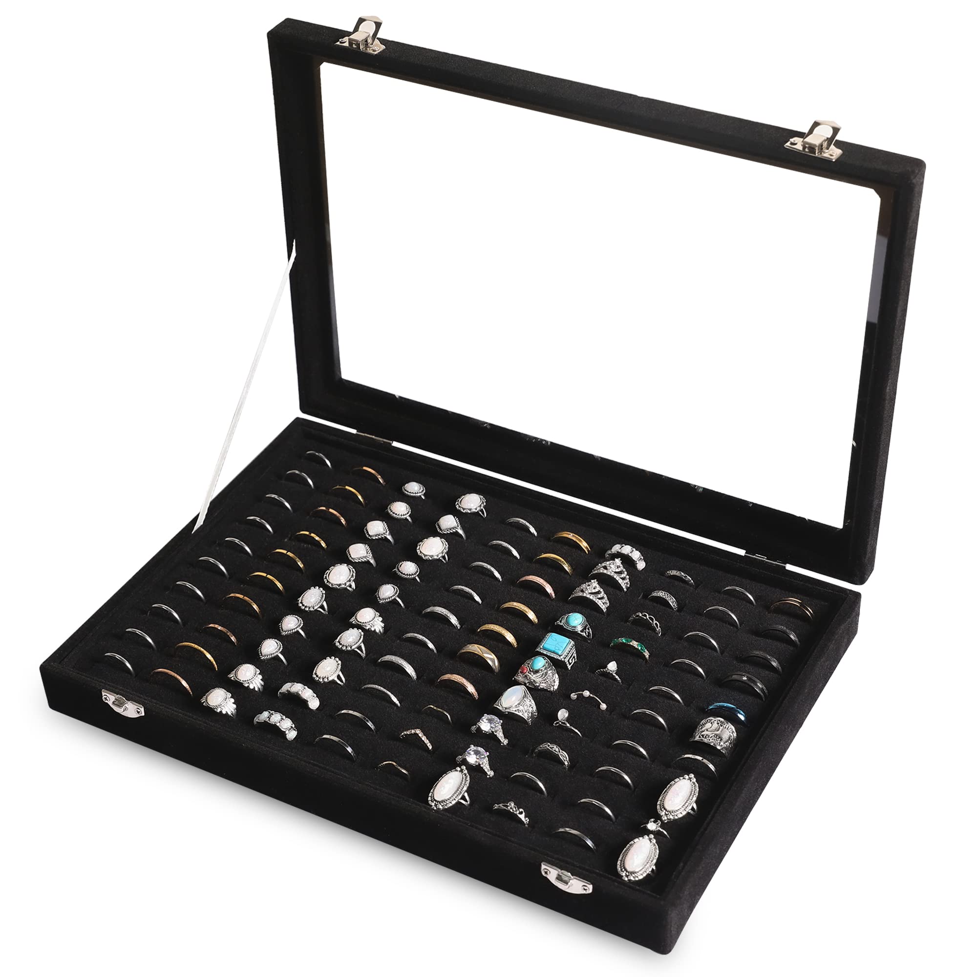 Frebeauty Frebeauty Ring Organizer Tray 100 Slots Ring Holder with Clear Lid Velvet Ring Storage Box Ring Tray for Jewelry Store Ring Display Case for Jewelry Show Ring Box for Women(Black)