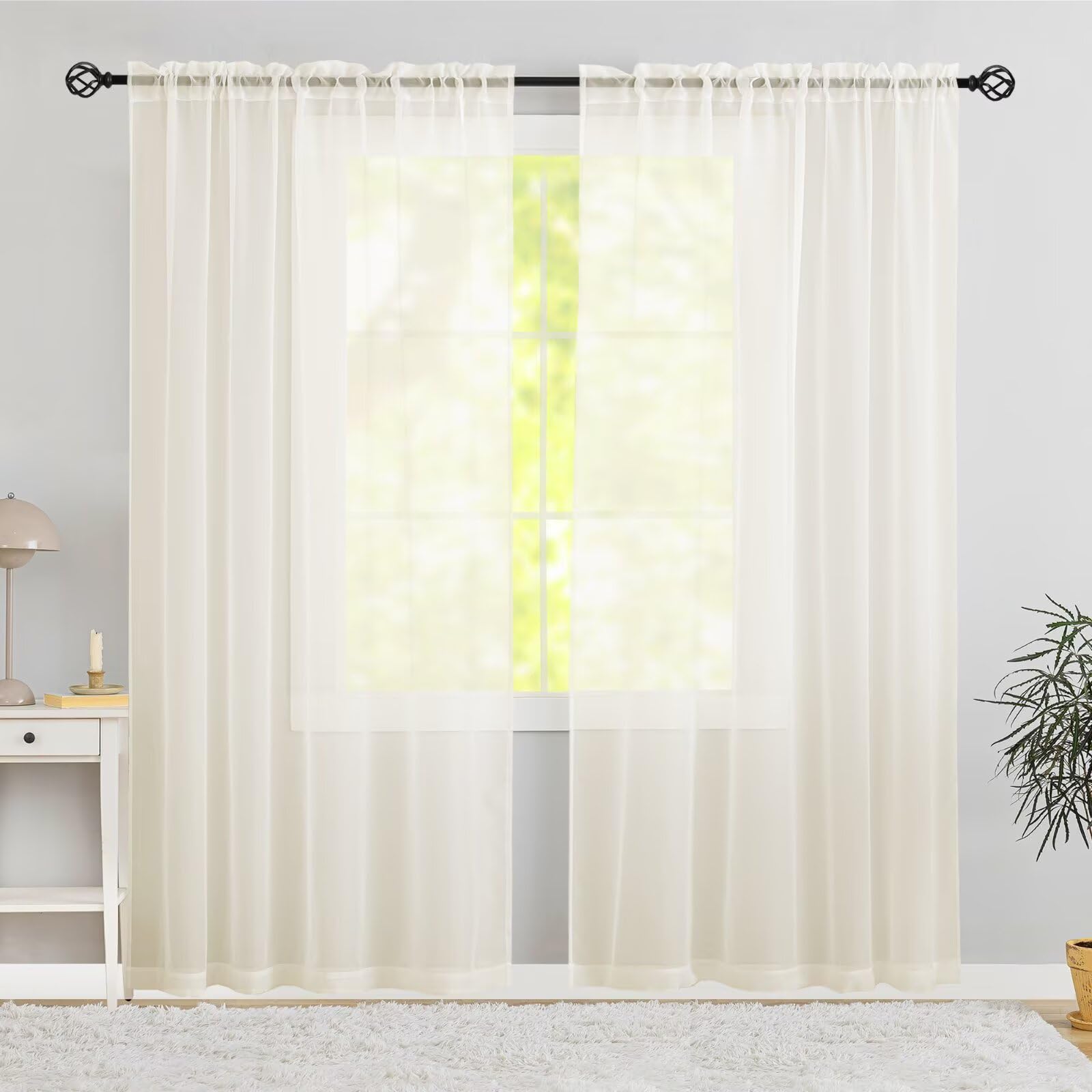 Photo 1 of Karseteli Semi Voile Sheer Curtains 108 Inches Long 2 Panels Rod Pocket Window Treatment for Living Room Bedroom Dining Room(Ivory 60" W x 108" L)