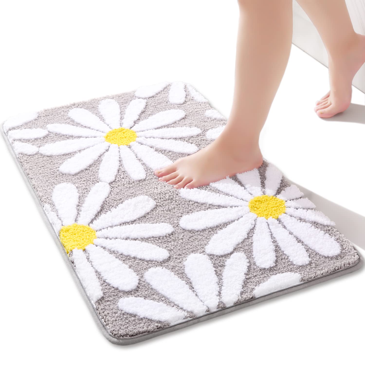 QJHOMO Grey Bath Mat White Flower Rug 40 x 60 cm, Non Slip Bath Mats for Bathroom, Soft Microfiber Bathroom Mat, Machine Washable Rug Durable Bathmat, Super Absorbent Floor Mat for Shower