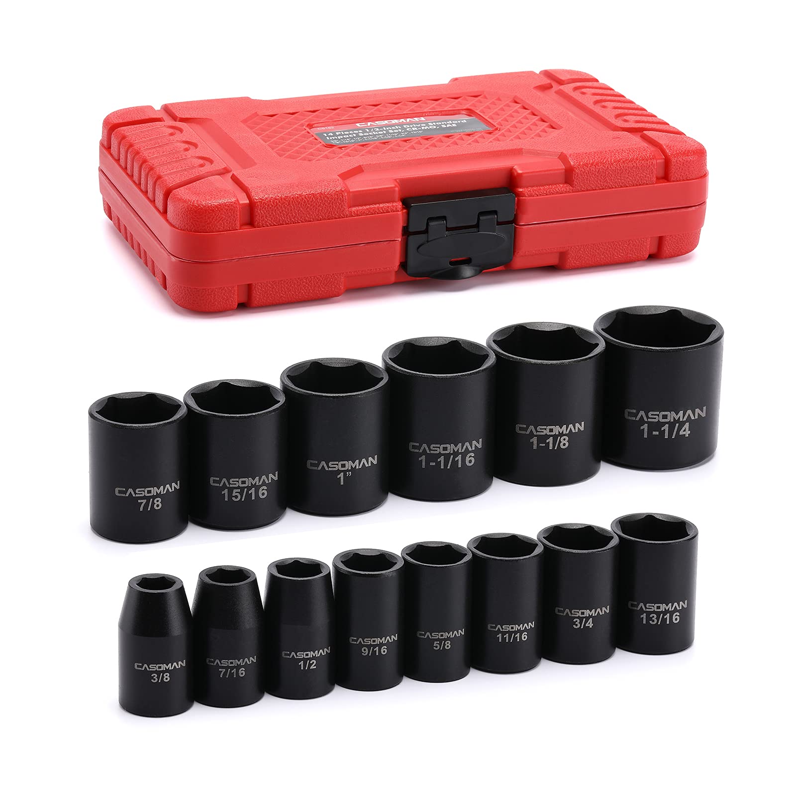 CASOMAN 14 Pieces 1/2-Inch Drive Shallow Impact Socket Set, 6-Point, SAE, 3/8" to 1-1/4"