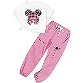 ARTMINE Girls' 2 Piece Outfits Casual Drawstring Jogger Pants and Loose Crop Top Set, 6-14 Years