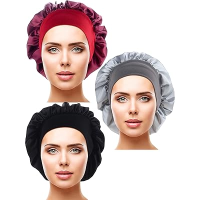 3 Pieces Satin Sleep Cap Elastic Wide Band Hat Night Sleeping Head Cover for Good Sleeping (Normal Size, Silver, Black, Wine Red)
