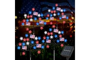 HUGSVIK 4 Packs 80LED 4th of July Decorations Outdoor, Upgraded Red White and Blue Solar Lights with Stars & American Flags, Outdoor Memorial Day Decorations Patriotic Lights for Yard Pathway Garden