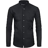 Alimens & Gentle Men's Banded Collar Dress Shirts Wrinkle Free Long Sleeve Mandarin Collar Button Down Shirt